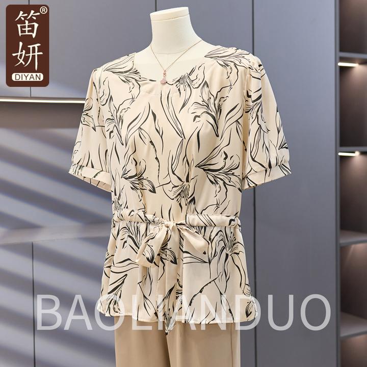 洋气妈妈系带雪纺小衫夏装新款上衣中老年女装气质夏季短袖T恤薄