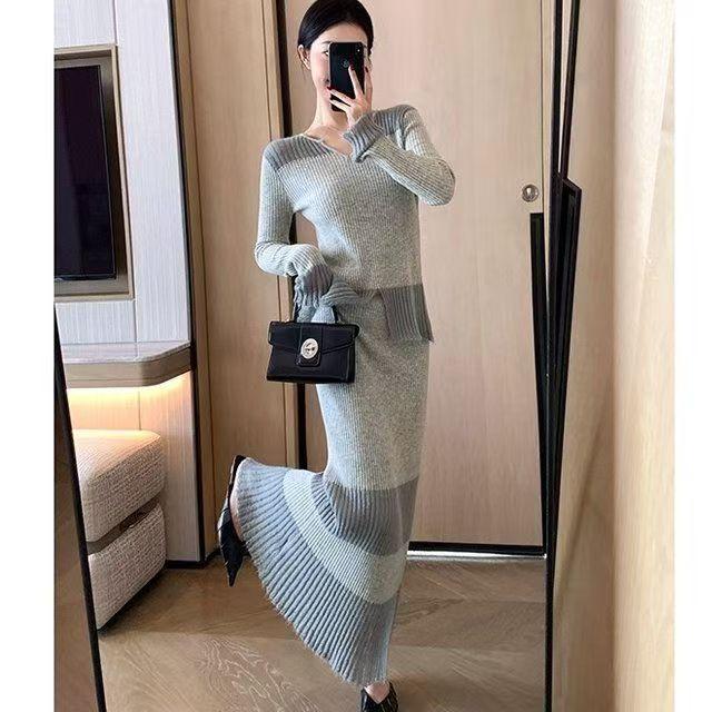 针织衫套装女2025秋新款法式时尚垂感半身裙两件套
