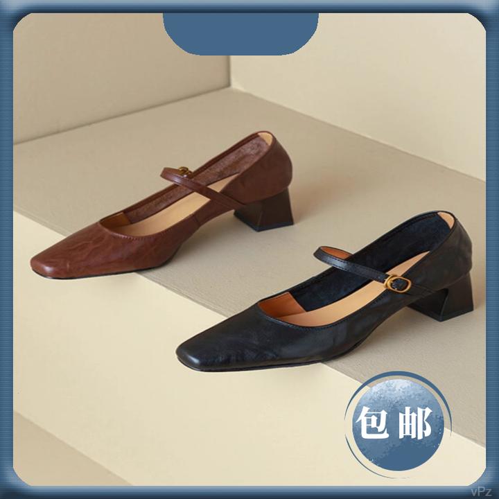 超软小软皮不累脚高跟鞋女气质2025春秋新款法式复古粗跟单鞋皮鞋