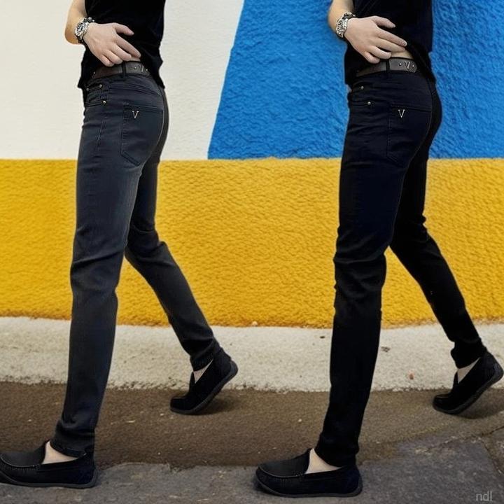 秋冬男士酷飒腰带牛仔裤帅气潮流修身直筒裤子黑色厚款牛仔裤男款