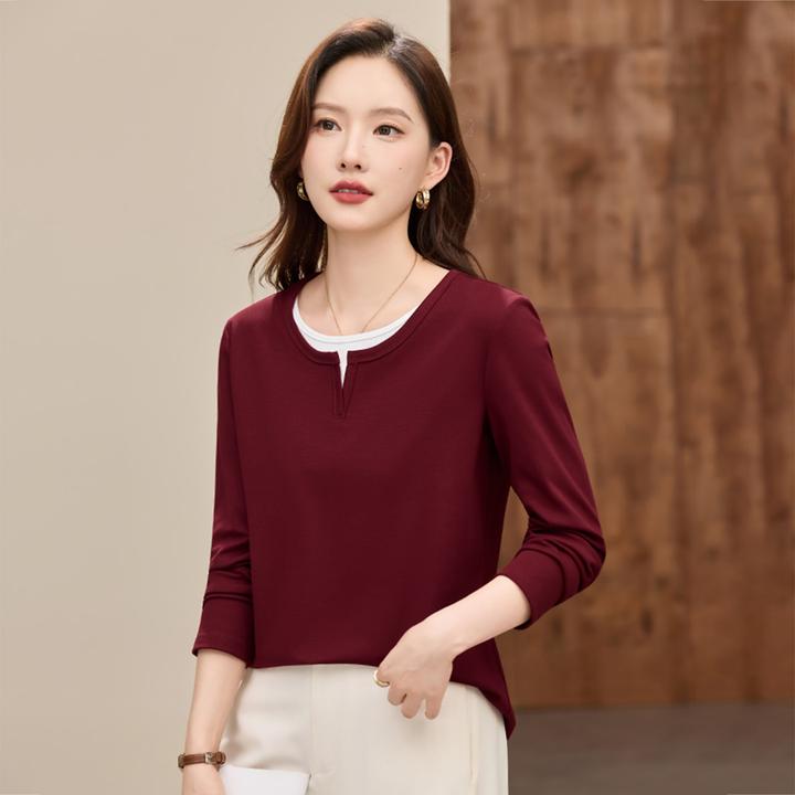 90支精梳棉纯色圆领正肩假两件打底衫女春秋2025爆款女士长袖上衣