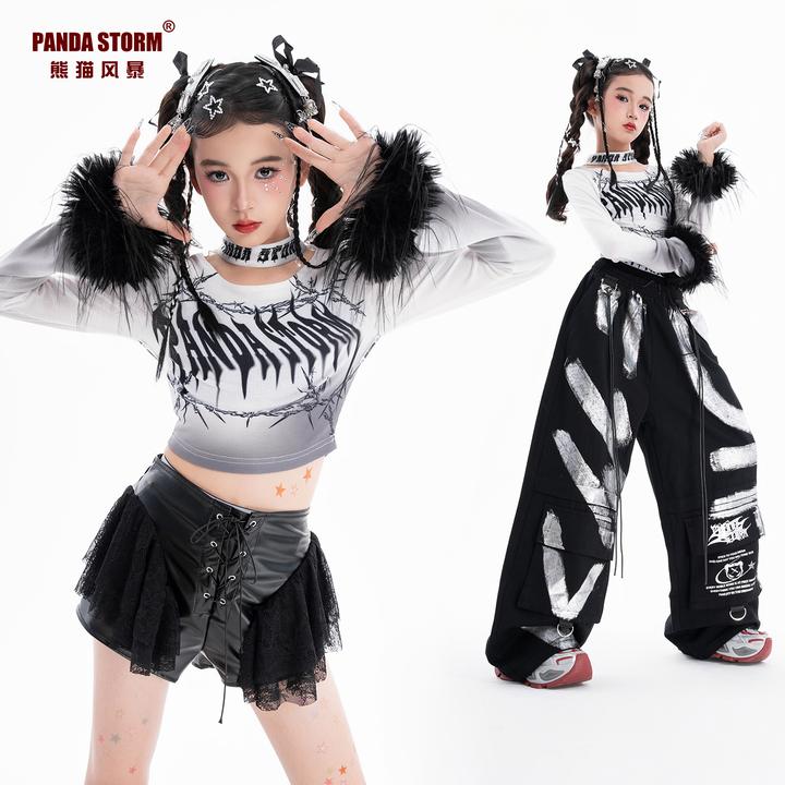 女童爵士舞服装jazz时髦个性长袖T恤长裤套装儿童女团街舞演出服