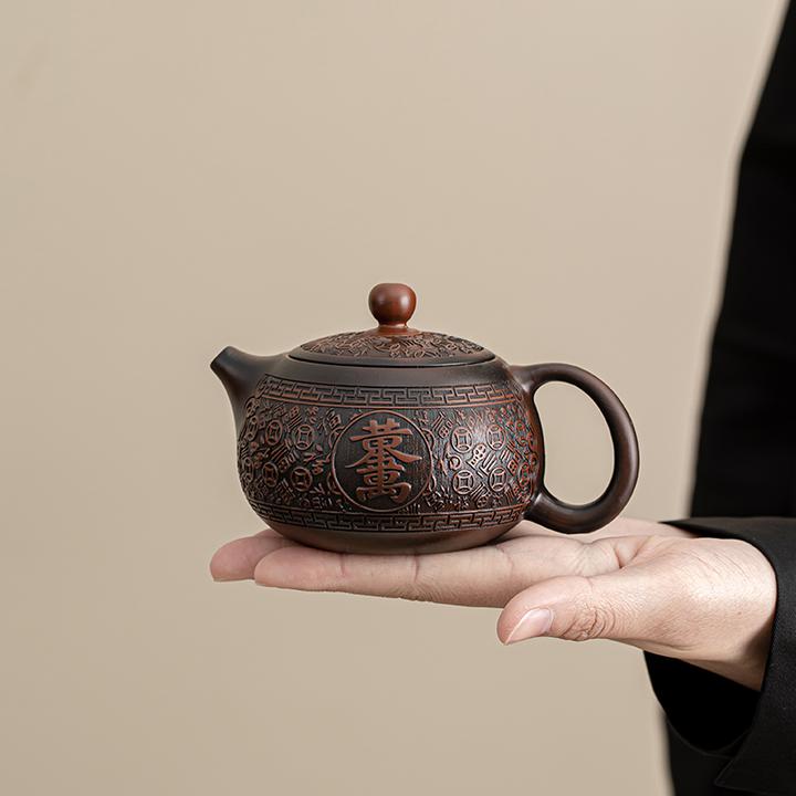 紫陶茶壶家用手抓壶泡茶纯手工浮雕建水紫砂壶全手工茶具泡茶器