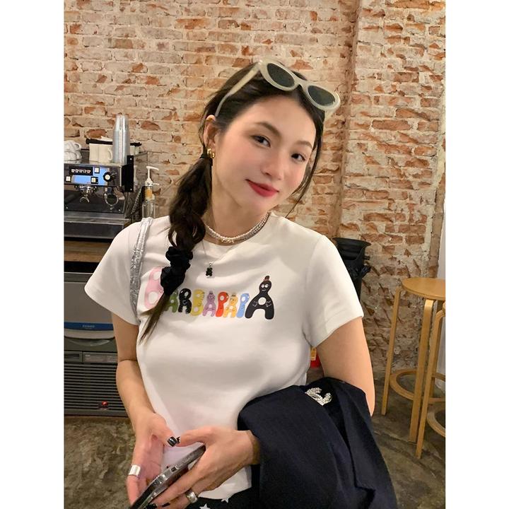 已出货 夏季新款正肩印花短袖t恤女设计感小众短款修身上衣小个子