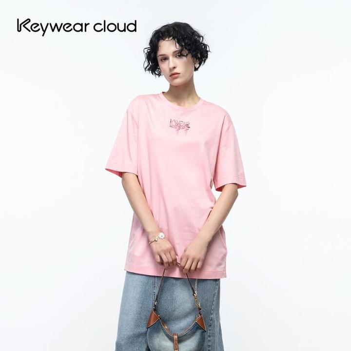 Keywearcloud奇威秋季粉漾廓形百搭KW立体刺绣宽松短袖T恤