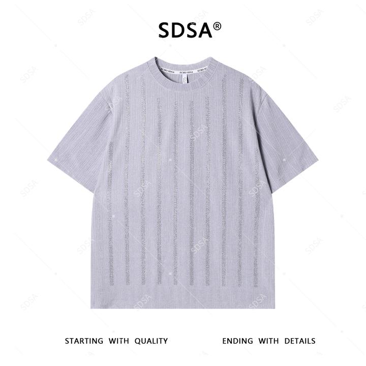 T4329夏季新款男士痞帅美式肌理感烫钻竖纹圆领短袖T恤百搭时尚