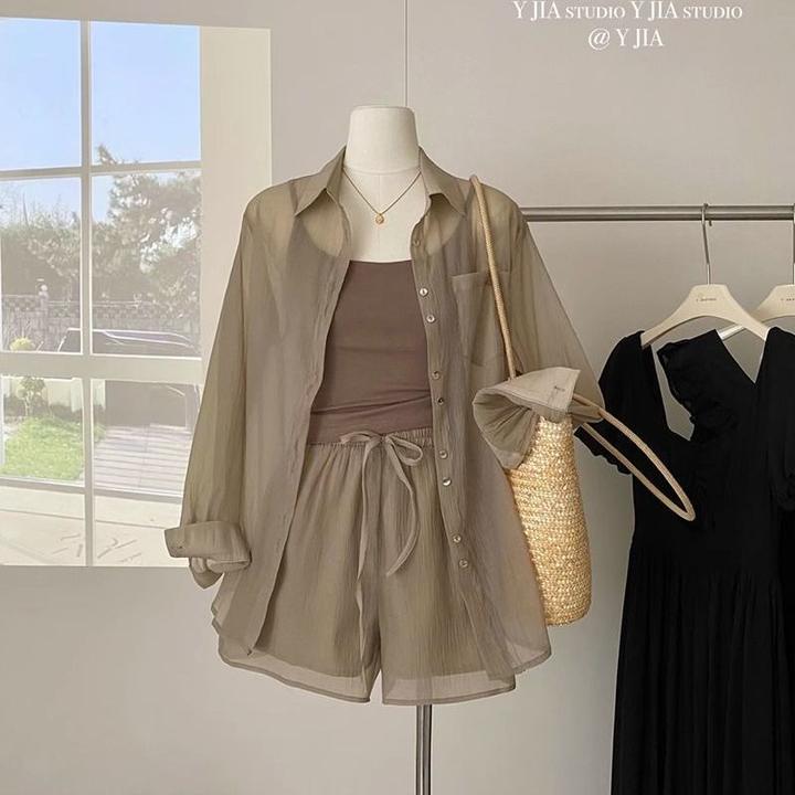 夏季韩版休闲运动三件套遮阳衬衫外搭吊带内搭上衣宽松短裤女