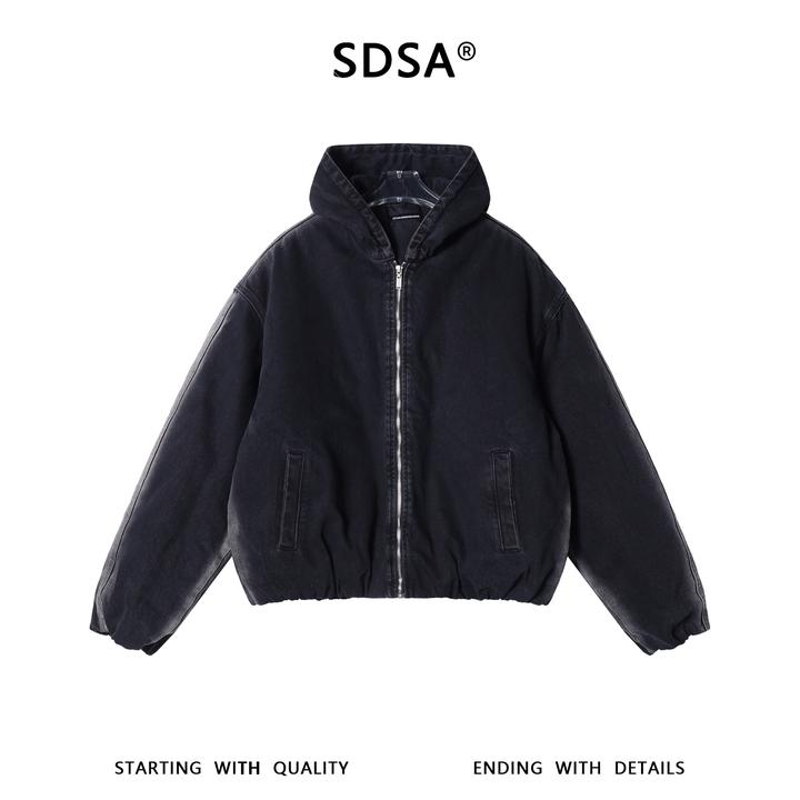 SDSA男士秋冬新款痞帅男装美式复古水洗连帽牛仔棉服外套百搭时尚