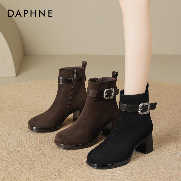 达芙妮品牌正品绒面马丁靴2025年新款气质高跟鞋复古短靴时装靴女