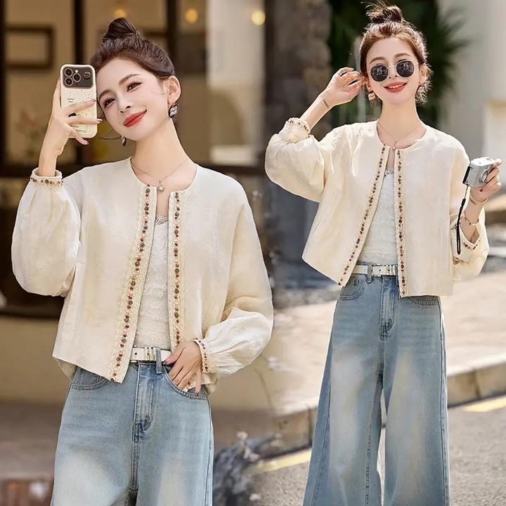 2025春季新款新中式国风钉珠圆领短外套女气质时尚百搭小香风上衣