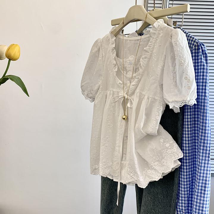 法式白色提花假两件衬衫女夏款绝美木耳边小衫独特系带蝴蝶结上衣