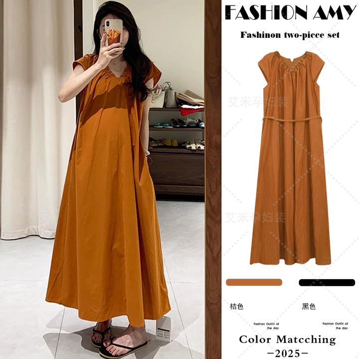 孕妇连衣裙夏季新款时尚法式气质V领飞飞袖宽松系带显瘦长裙子潮1