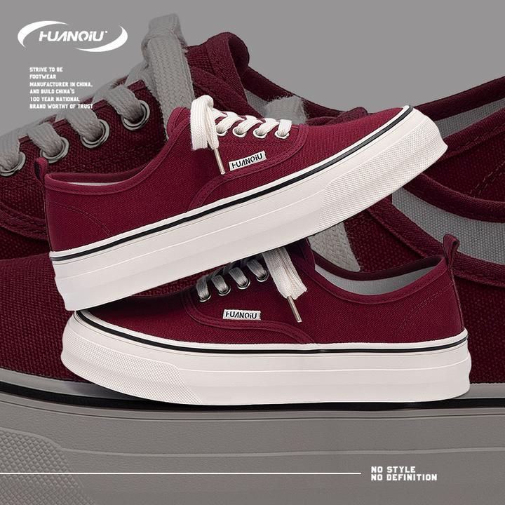环球复古酒红厚底帆布鞋男2025夏季新款舒适休闲透气潮流韩版ins