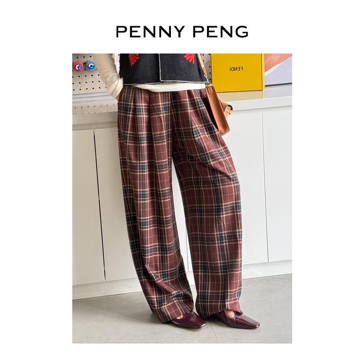 PENNYPENG英式校园黑标系列秋冬慵懒宽松复古松紧腰羊毛格子裤