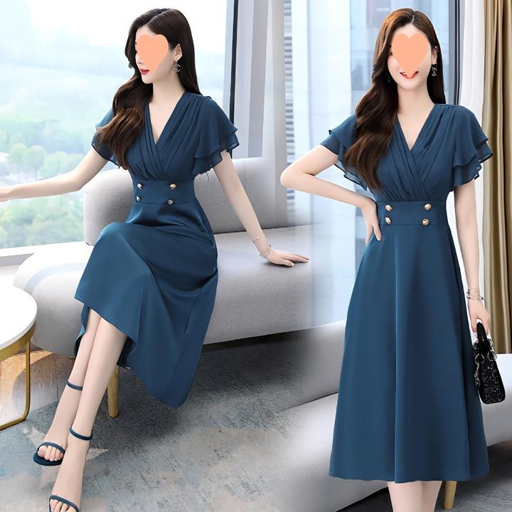 高端雪纺领连衣裙女2023夏季新款气质女神范收腰显瘦中长款字裙