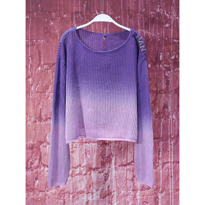 【韩哥女装】设计师高定简约紫色渐变晕染镂空针织衫7583A