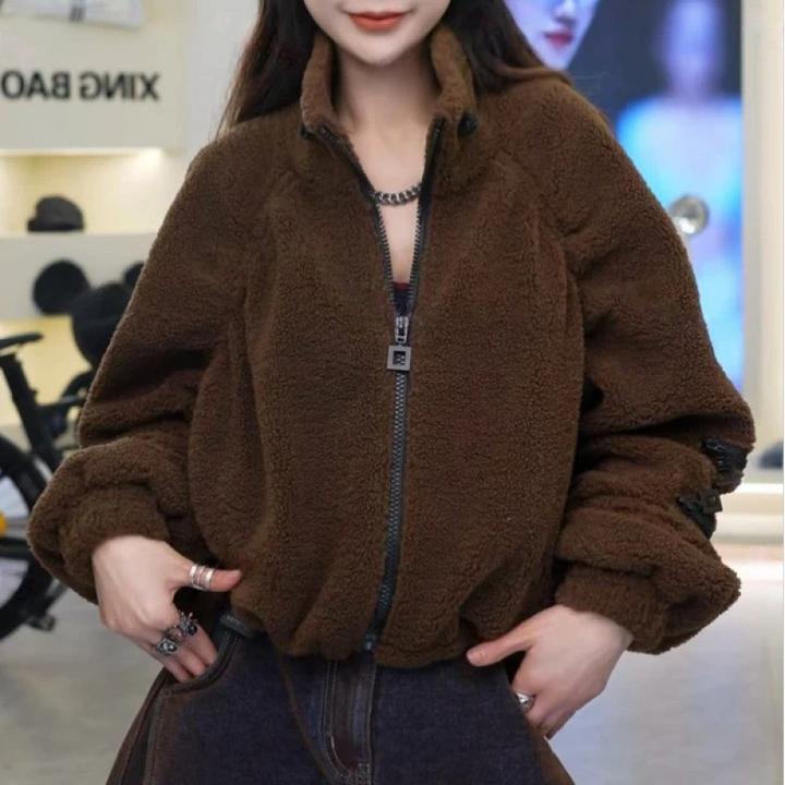 美拉德穿搭羊羔毛短款外套女秋冬季休闲宽松时尚百搭加绒保暖上衣