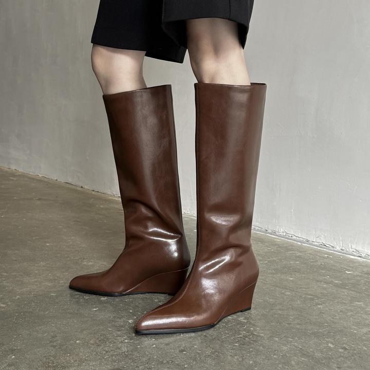 覆古摩登~！6cm真皮尖头坡跟骑士靴女显瘦时髦不过膝高筒靴长靴女
