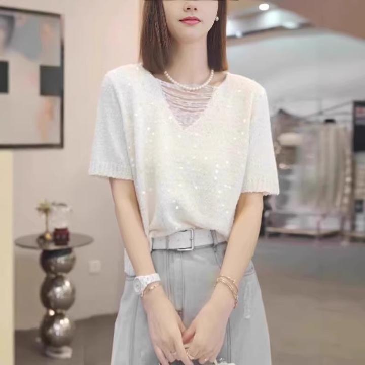 【清仓】大码洋气亮片镂空V领短袖针织衫女微胖mm气质显瘦减龄