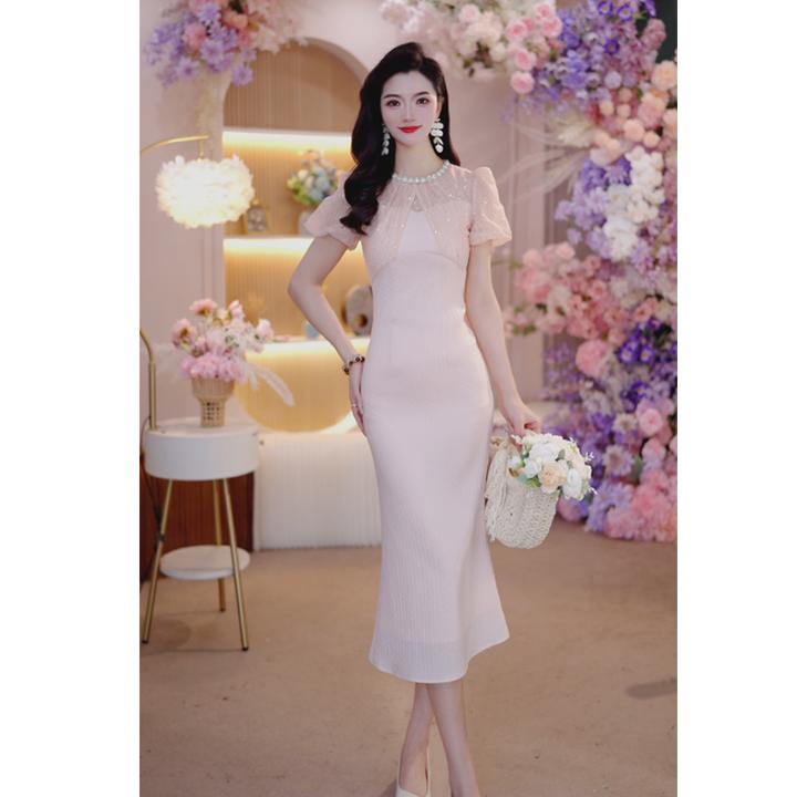 【樱花公主】2025夏季时尚修身设计师镶钻网纱法式短袖连衣裙6186