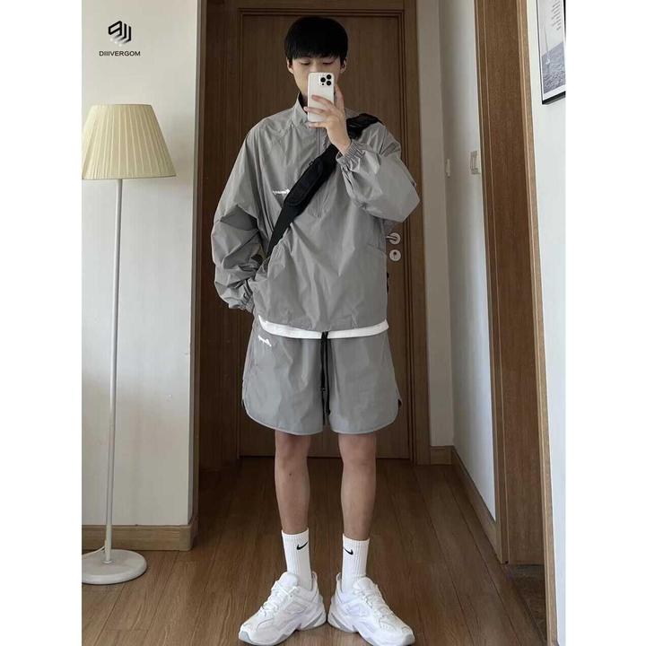 DIIIVERGOM拉链冲锋衣套装男夏季薄款工装立领防晒衣半袖男t恤