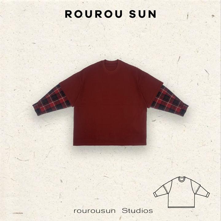 29385冬款女装百搭复古格子撞色拼接宽松休闲长袖T恤