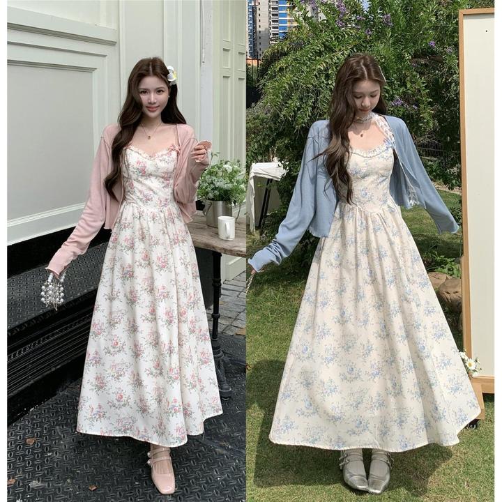 大码女装胖MM春夏法式复古印花吊带裙高腰显瘦长裙开衫两件套套装