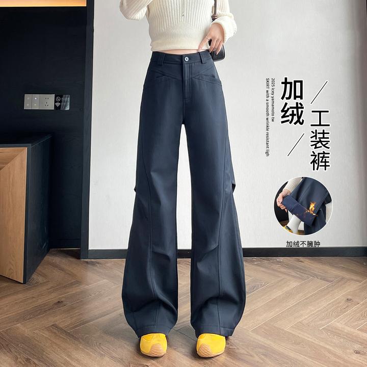 加绒加厚弯刀工装裤女秋冬新款小个子高腰休闲运动登山阔腿裤子女