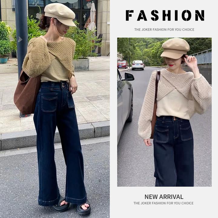 早春韩系穿搭一整套女2025新款百搭背心镂空交叉罩衫牛仔裤三件套