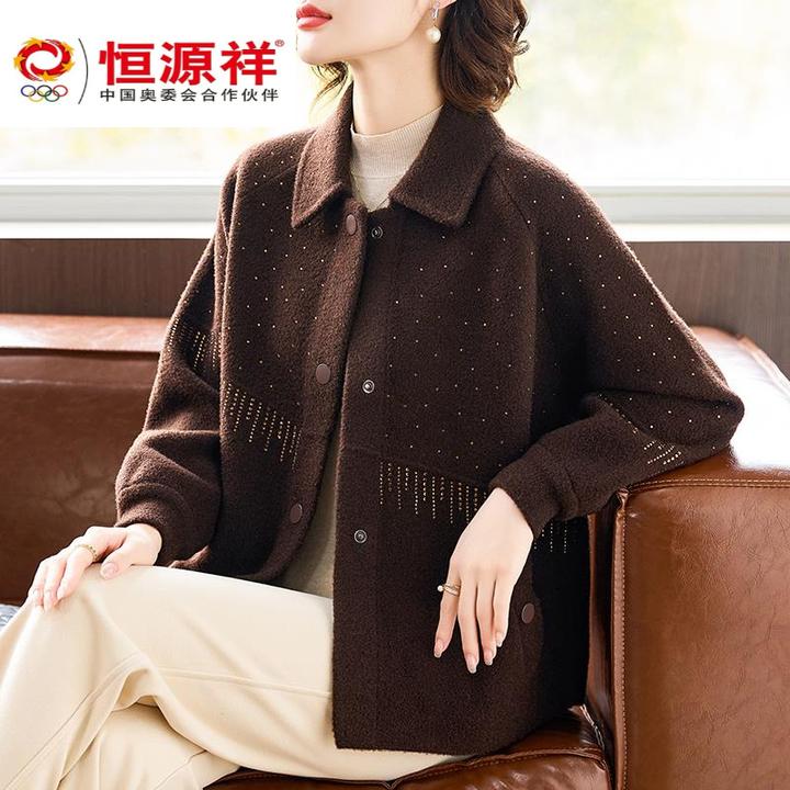 恒源祥彩羊妈妈秋冬装毛呢外套2025新款洋气中老年女装开衫时尚夹