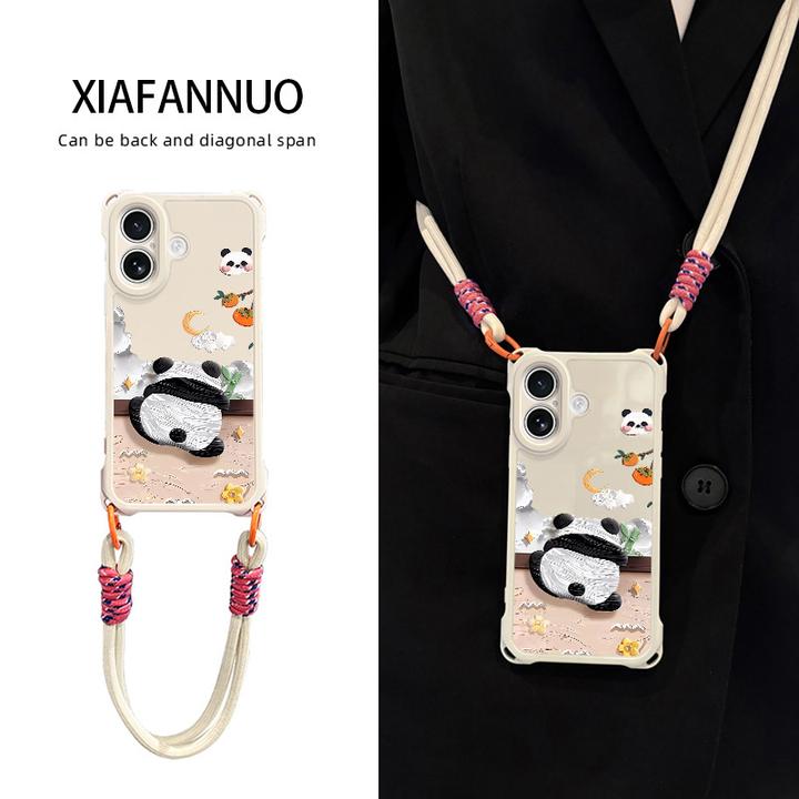 适用苹果17手机壳iPhone16promax透明air四角防摔带挂绳斜挎熊猫