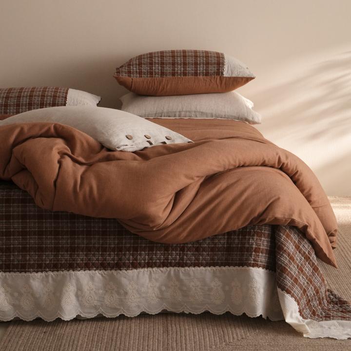 法式复古格子丨床盖四件套纯棉全棉双层纱被套高级感花边四季床品