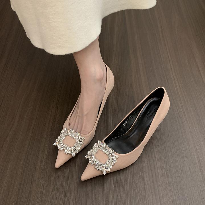 小众高级感百搭单鞋女鞋子2025新款春秋季气质方扣水钻尖头高跟鞋