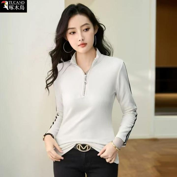 啄木鸟正品冬季长袖拉链立领T恤女士2025年新款拼色内搭外穿上衣
