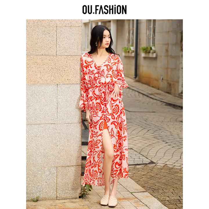 OU.FASHION/欧点优雅气质时尚碎花裙两件套外套连衣裙1072420493