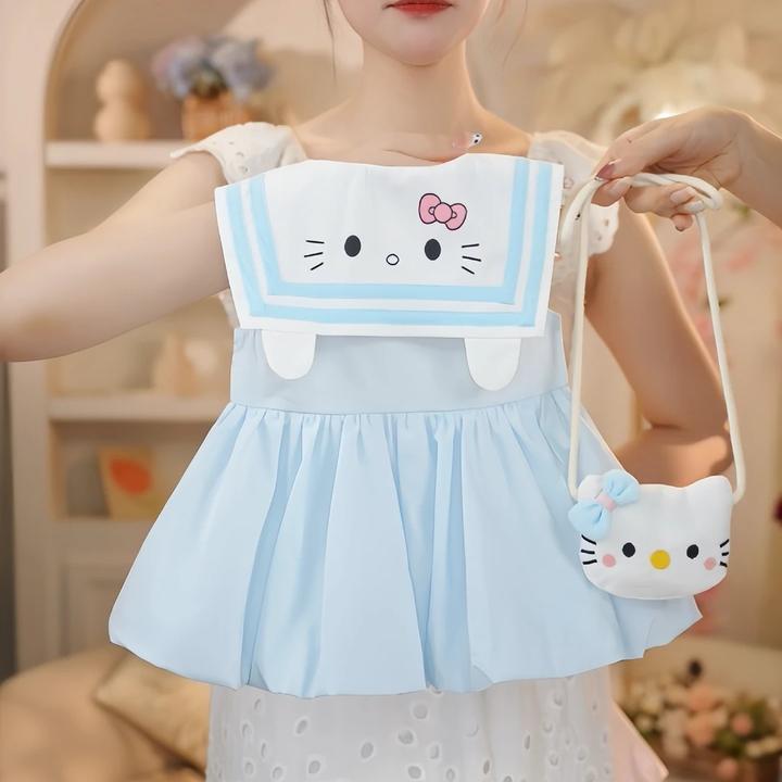 2025年夏季新款女小童可爱粉色猫咪海军领公主花苞裙女童连衣裙