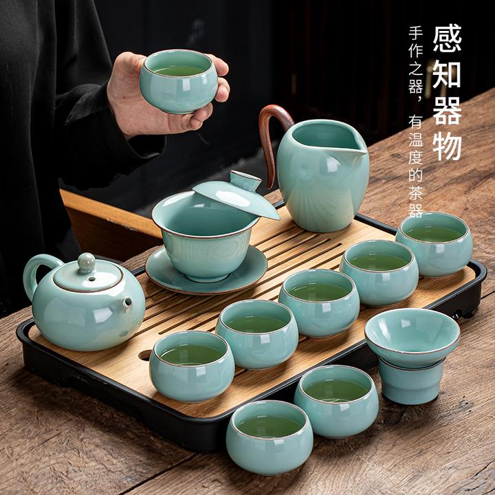 天青汝窑功夫茶具套装家用陶瓷中式盖碗茶壶茶杯办公室泡茶一整套