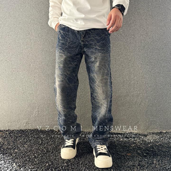 美式巴黎风立体休闲复古水洗宽松直筒裤直筒牛仔裤提花长裤裤子