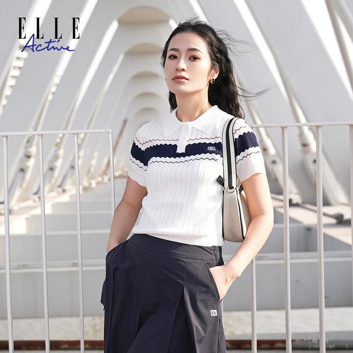 ELLE Active【时尚撞色】短袖针织衫女翻领polo衫t恤老钱风休闲上衣