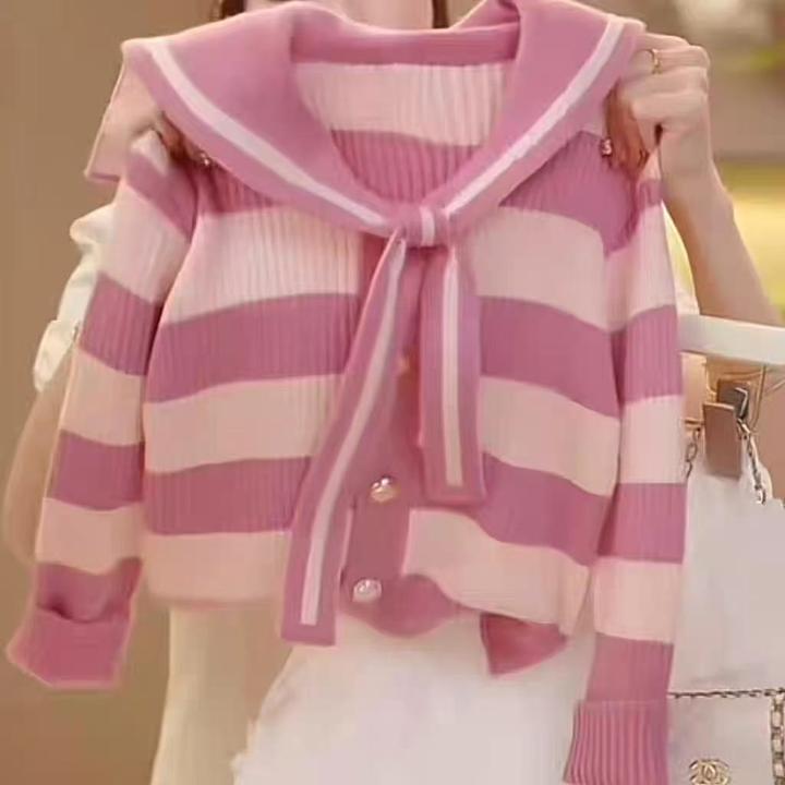 02女童2025春季新款海军领条纹针织公主裙套装