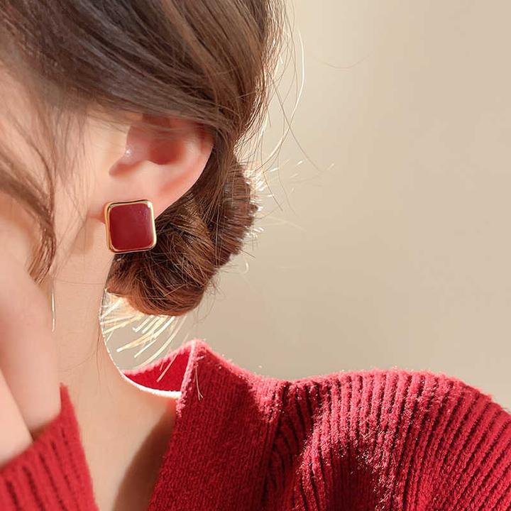 铜合金锆石耳饰 银针红色不规则方形耳钉气质高级感耳环复古高