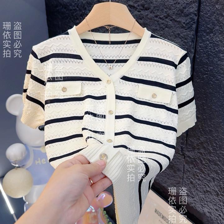 宽松显瘦【80-180斤】冰丝短袖女小香风假开衫V领气质镂空百搭A99