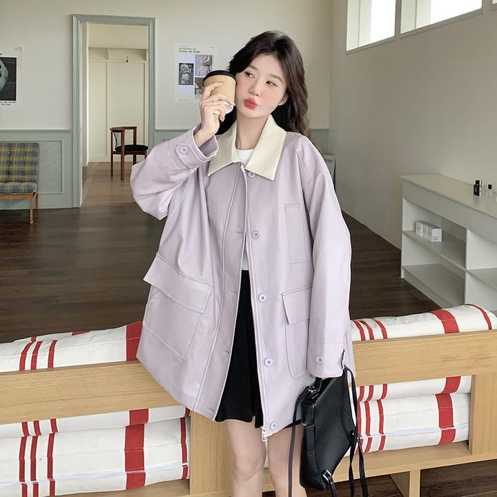 紫色蛋白皮衣工装外套2025新款女春秋超好看独特休闲撞色翻领夹克