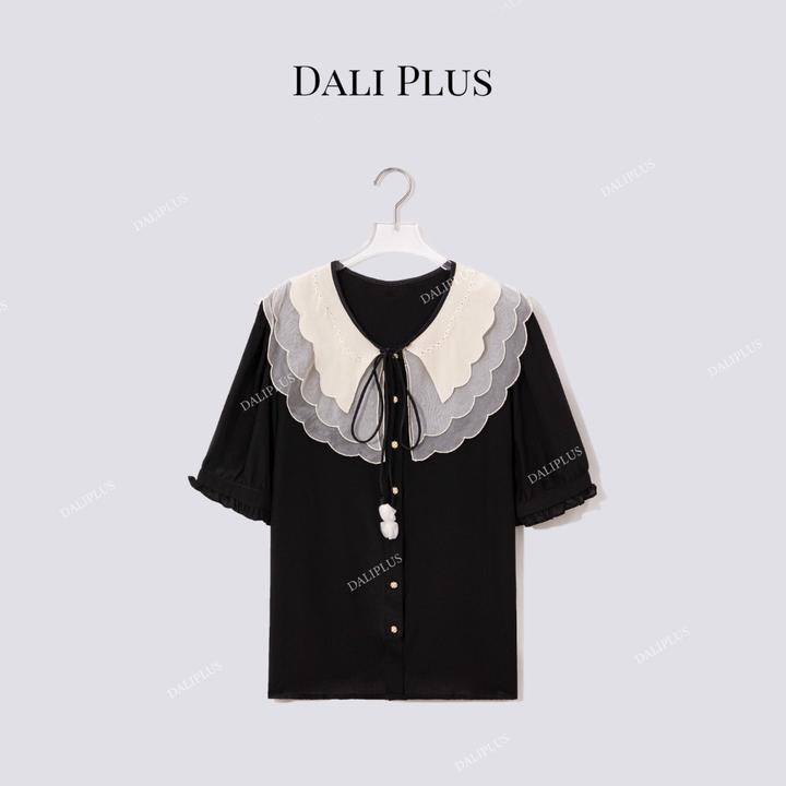 DALI PLUS“重磅真丝绡花边翻领衬衣”黑色系带衬衫-D5ST1221