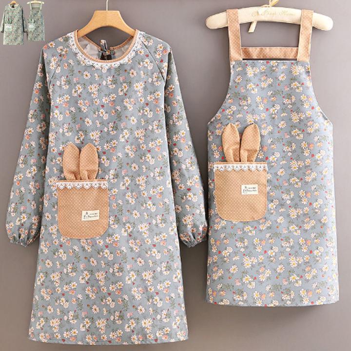 帆布家用厨房围裙夏季薄款长袖罩衣大人女洋气新款围腰防污工作服