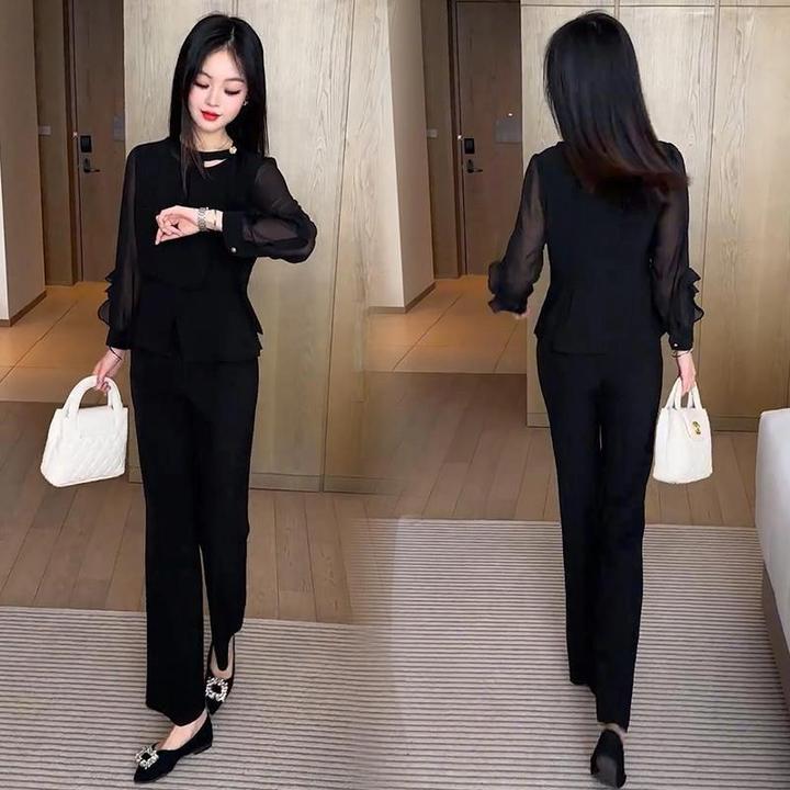 时尚套装女2025春季新款洋气显瘦减龄百搭长袖上衣阔腿裤两件套潮