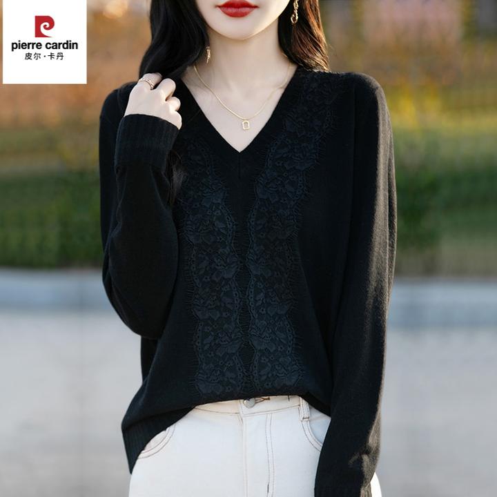 皮尔卡丹胖mm春秋大码女士毛衣遮肚子显瘦v领上衣2025新款蕾丝针