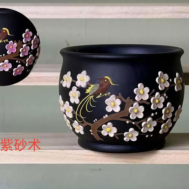 宜兴紫砂。石黄。梅花鸟双开变色。纯手工手绘紫砂壶全手工黑色黑金