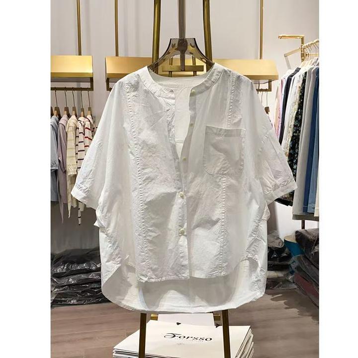 加大加宽300斤~法式圆领衬衫男女夏季情侣前短后长设计褶皱衬上衣