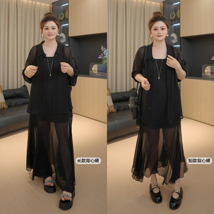 【胖佳佳】现货~神降临 夏季薄款长袖衬衫吊带裙两件套H625A08798